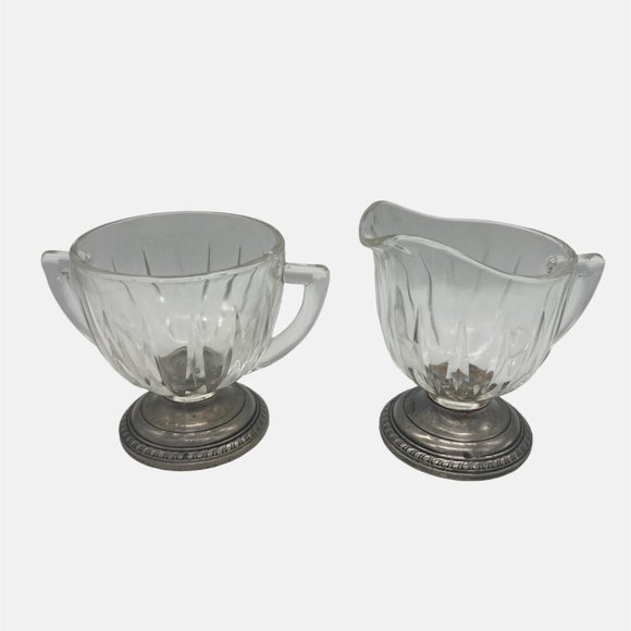 Vintage Saben Glass Creamer and Sugar Bowl Set with Silverplate Bases 3.5" - Picture 1 of 6